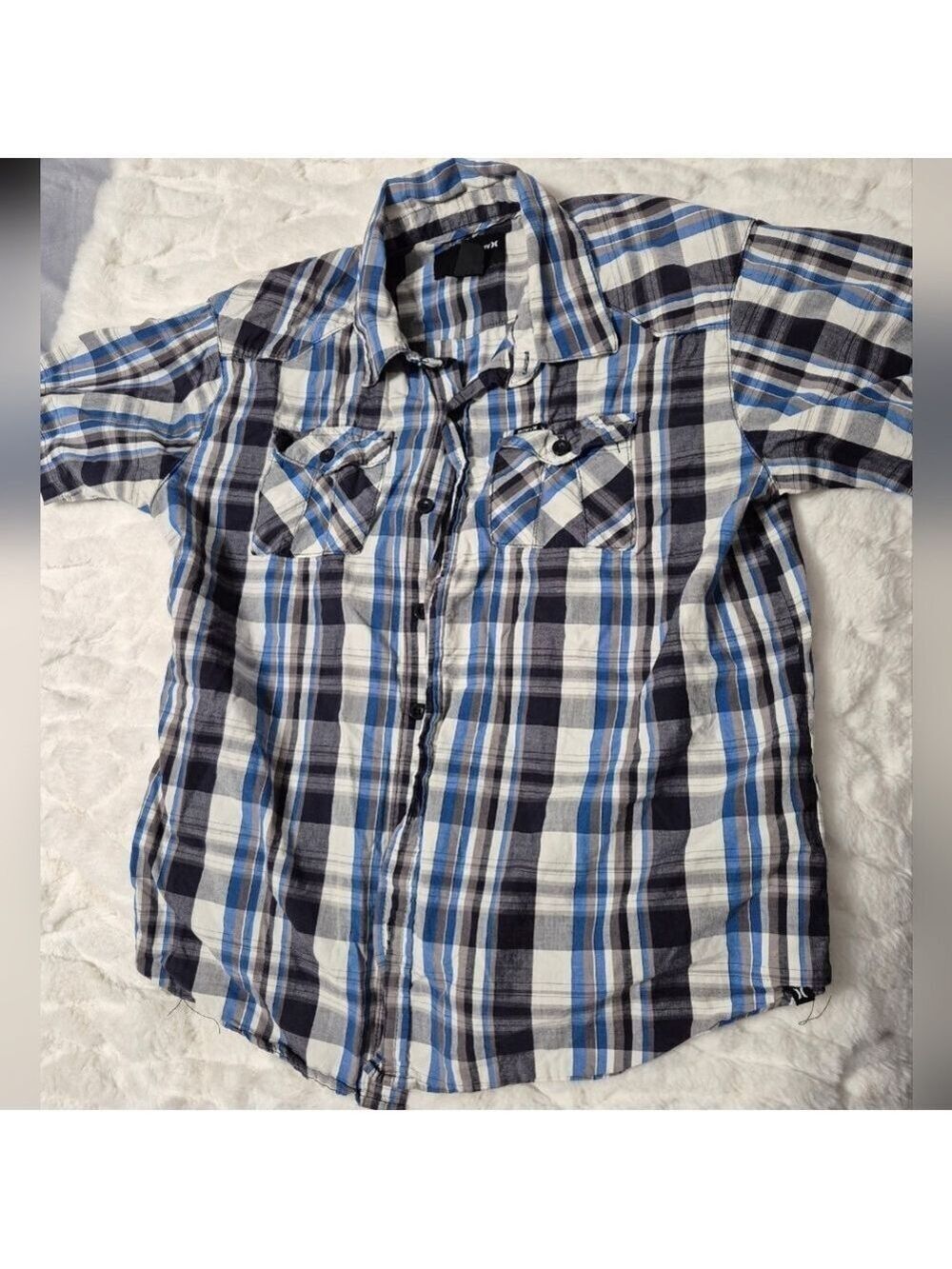 Hurley Kids Blue, White, and Black Plaid Western Style Button-Down Shirt Lg